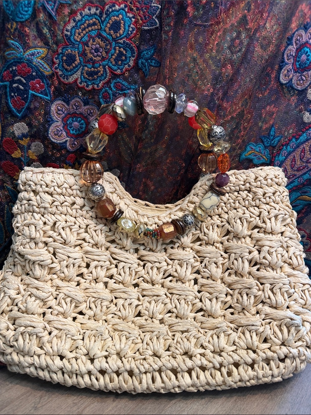 Vintage Coppola StraworldHandcrafted Crochet Tote with Beaded Handles